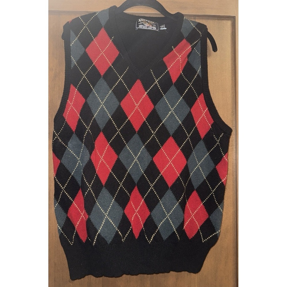 American Living Mens L Argyle‎ V Neck Sweater Vest Merino Wool Preppy Retro VTG